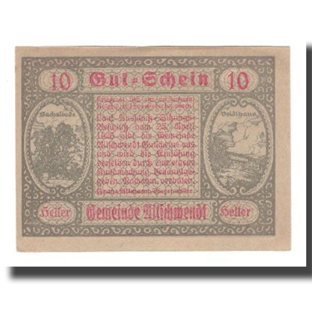 Banknot, Austria, Altschwendt O.Ö. Gemeinde, 10 Heller, Texte, 1920, Undated