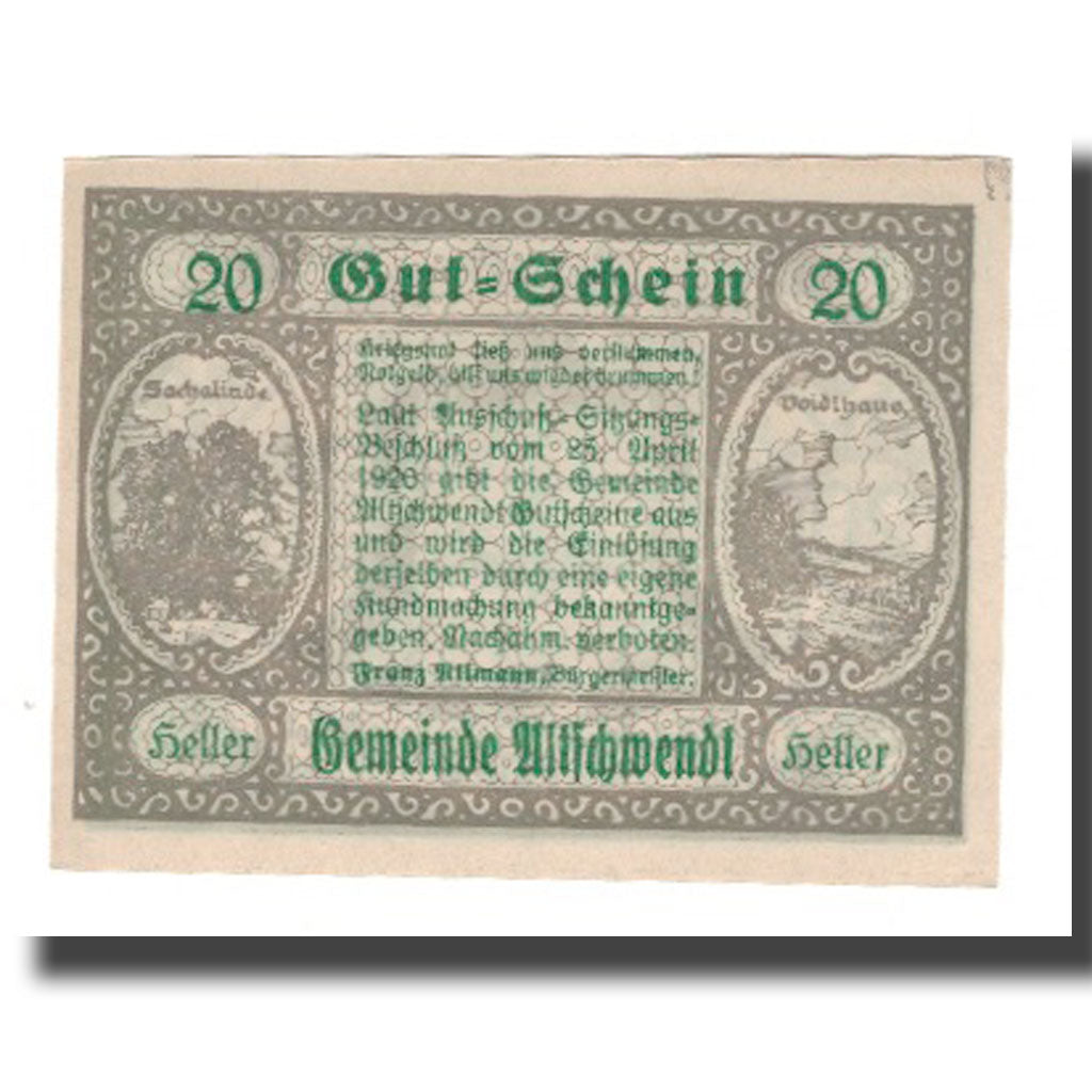 Banknot, Austria, Altschwendt O.Ö. Gemeinde, 20 Heller, texte 1, 1920, Undated