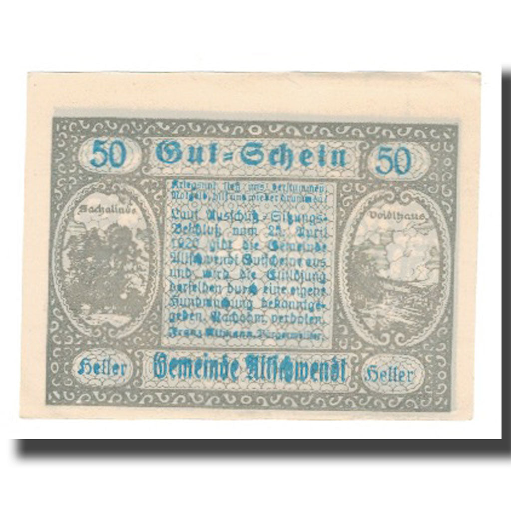 Banknot, Austria, Altschwendt O.Ö. Gemeinde, 50 Heller, Texte 2, 1920, Undated