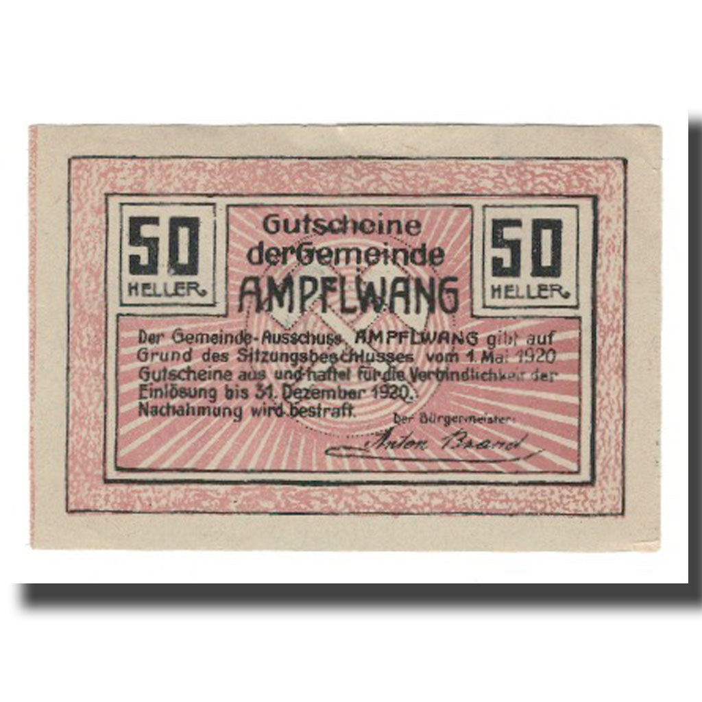 Banknot, Austria, Ampflwang O.Ö. Gemeinde, 50 Heller, Texte, 1920, 1920-12-31