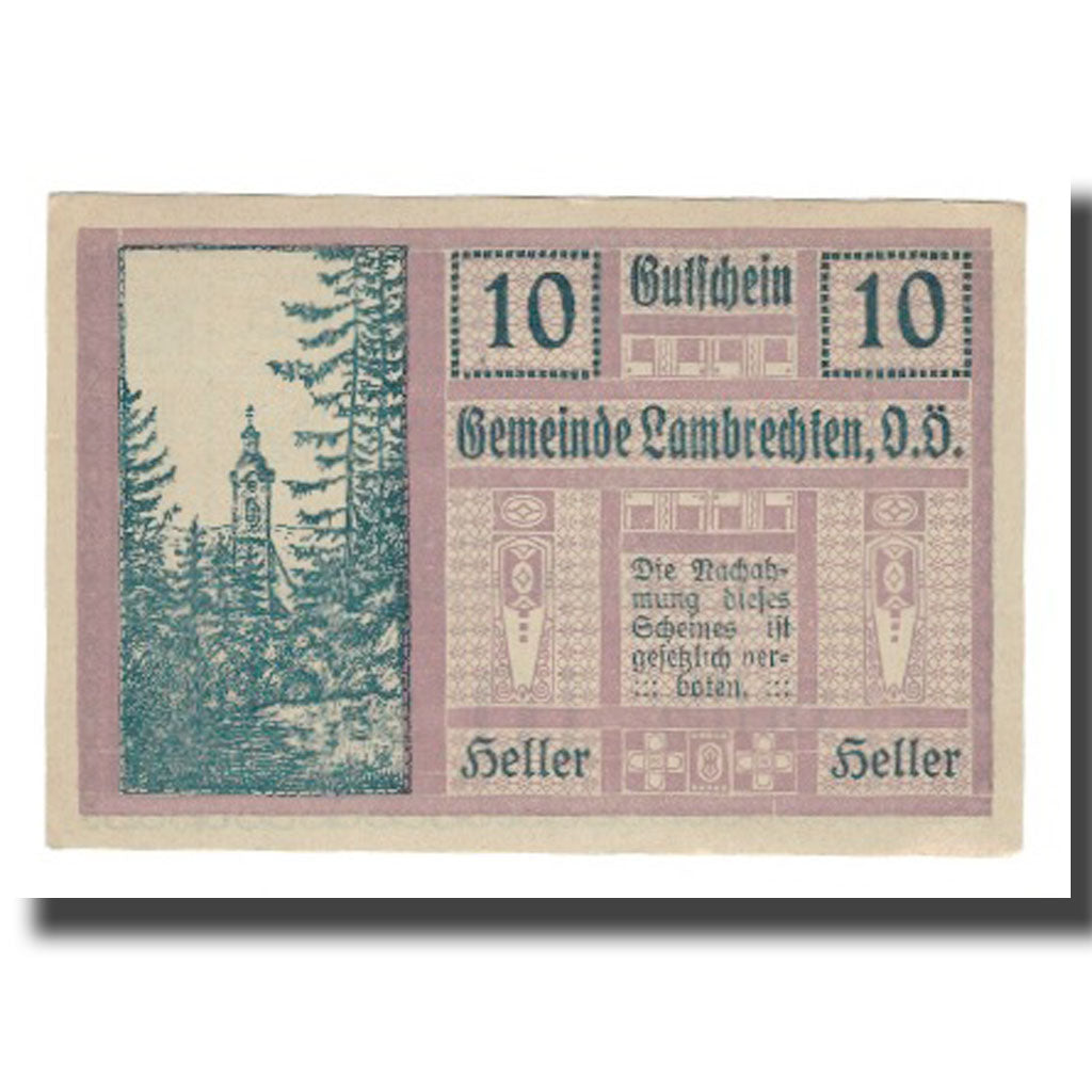 Banknot, Austria, Lambrechten O.Ö. Gemeinde, 10 Heller, Texte, 1920