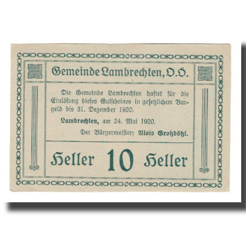 Banknot, Austria, Lambrechten O.Ö. Gemeinde, 10 Heller, Texte, 1920