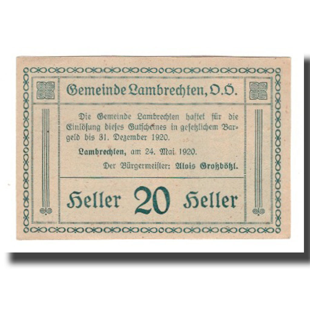 Banknot, Austria, Lambrechten O.Ö. Gemeinde, 20 Heller, texte 1, 1920