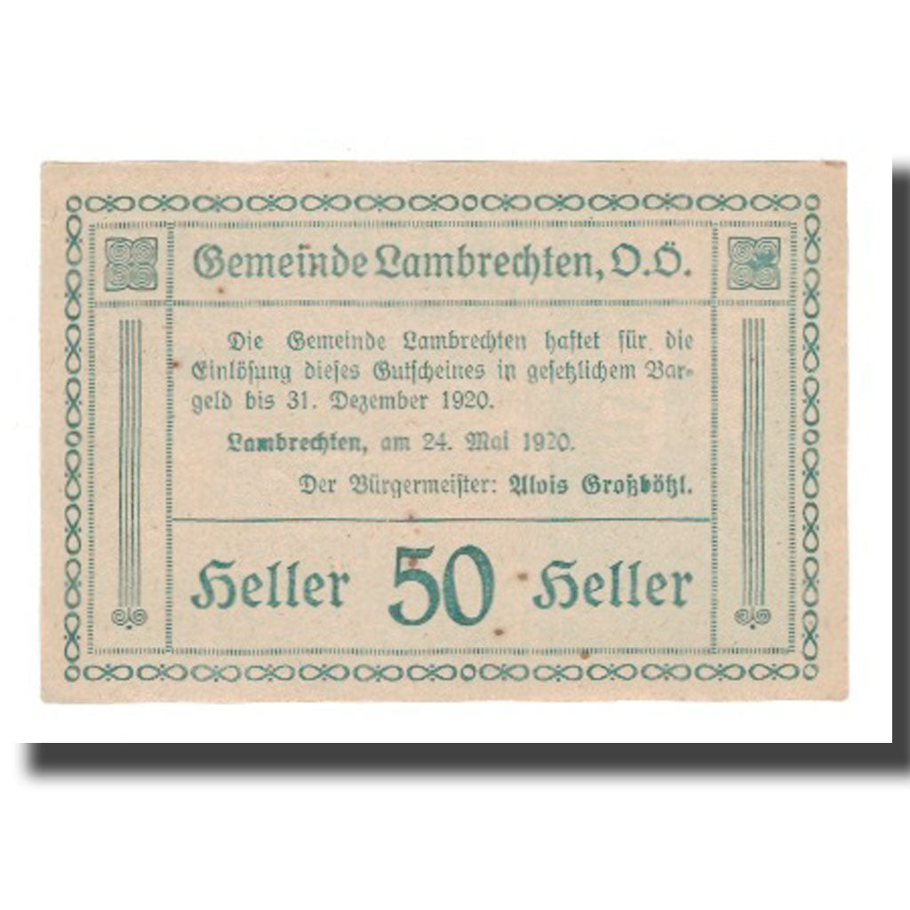 Banknot, Austria, Lambrechten O.Ö. Gemeinde, 50 Heller, Texte 2, 1920