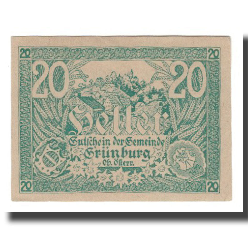 Geldschein, Österreich, Grünburg O.Ö. Gemeinde, 20 Heller, Texte, 1920