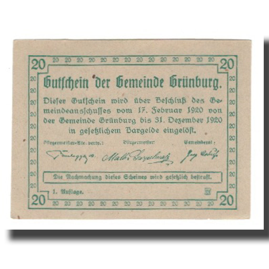 Geldschein, Österreich, Grünburg O.Ö. Gemeinde, 20 Heller, Texte, 1920