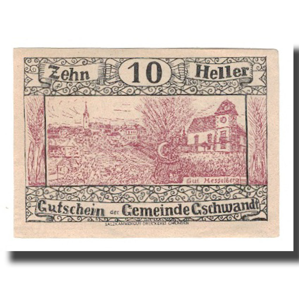 Banknot, Austria, Gschwandt O.Ö. Gemeinde, 10 Heller, Texte, 1920, 1920-05-07