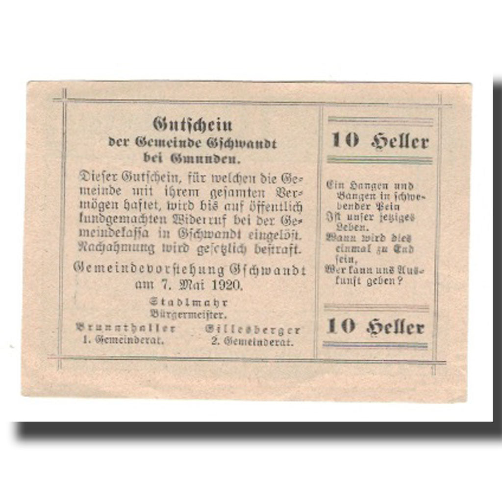 Banknot, Austria, Gschwandt O.Ö. Gemeinde, 10 Heller, Texte, 1920, 1920-05-07