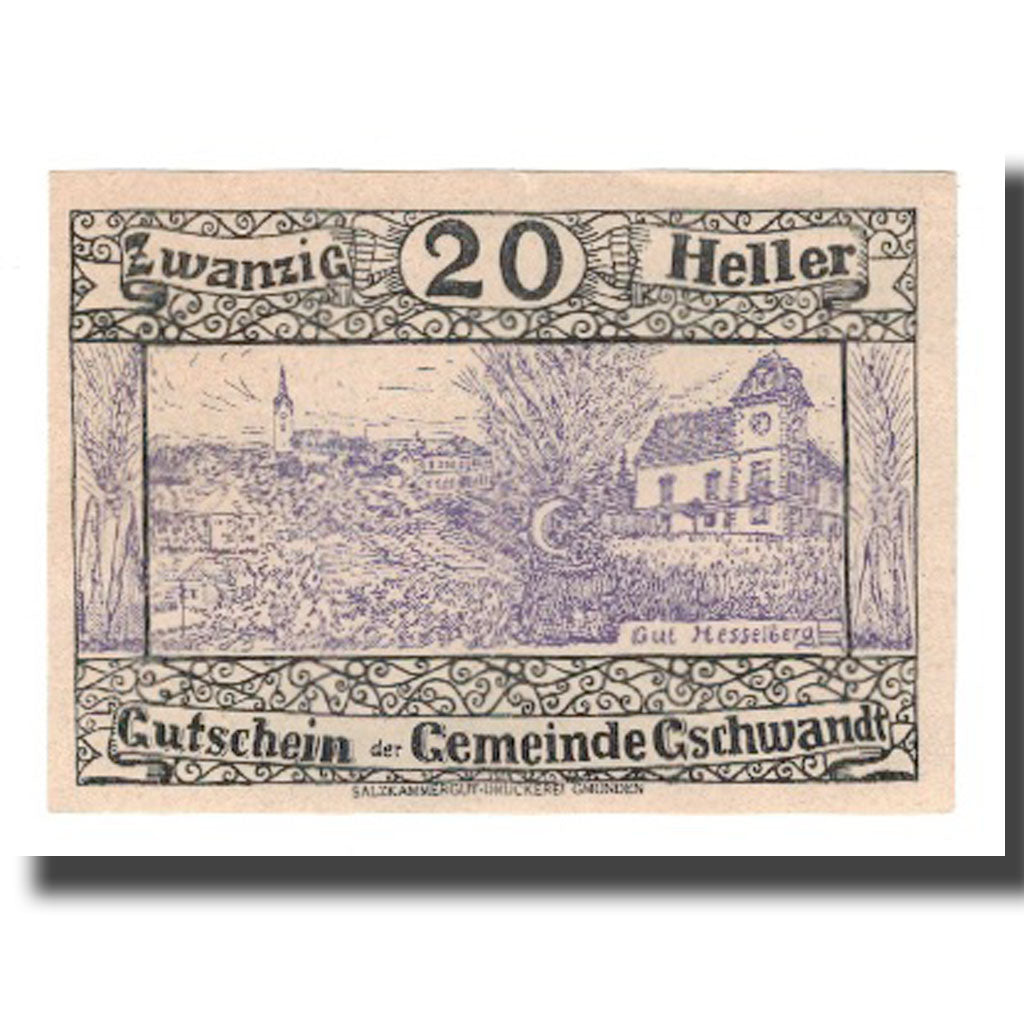 Geldschein, Österreich, Gschwandt O.Ö. Gemeinde, 20 Heller, texte 1, 1920
