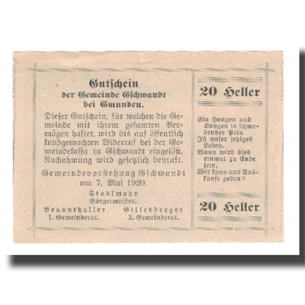 Geldschein, Österreich, Gschwandt O.Ö. Gemeinde, 20 Heller, texte 1, 1920