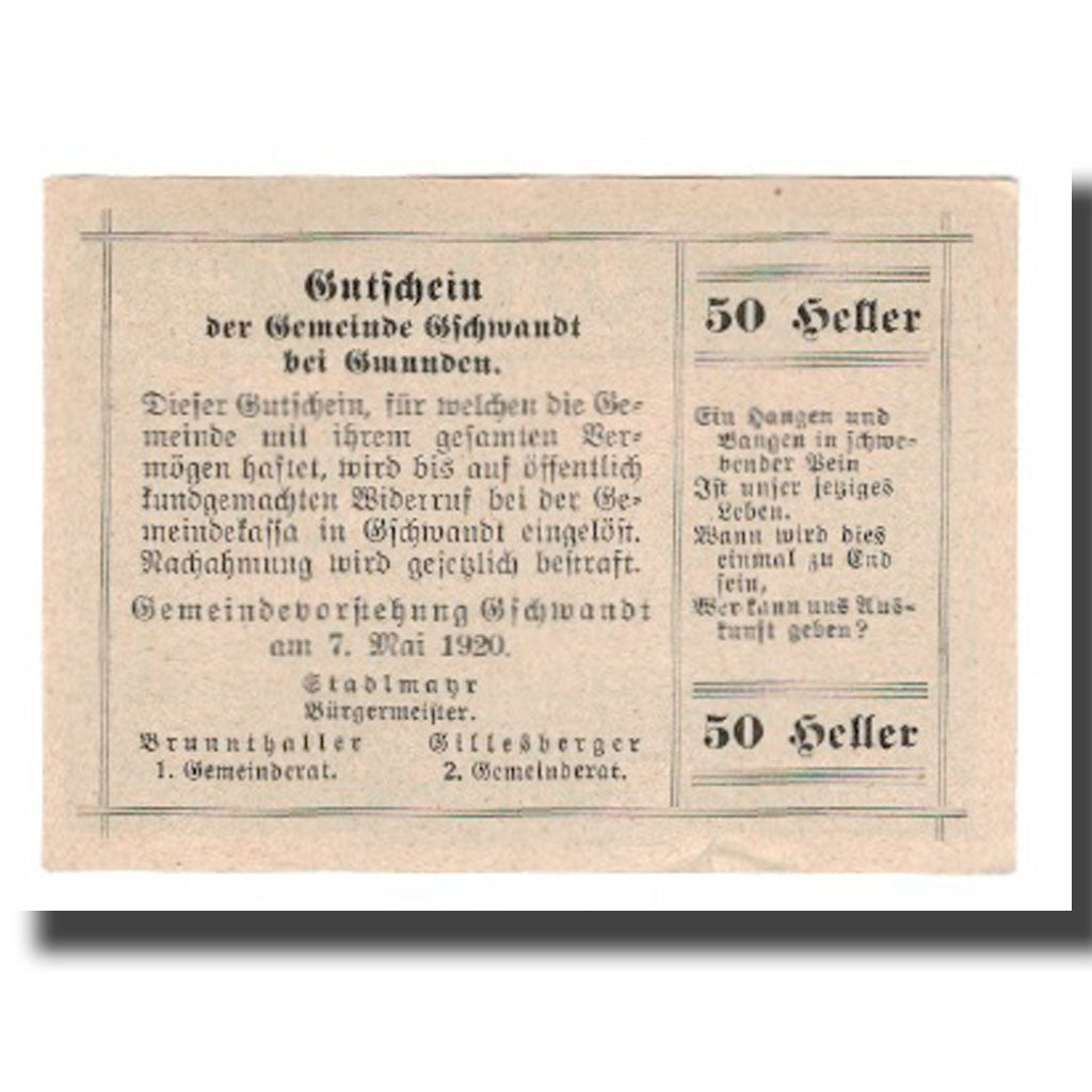 Banknote, Austria, Gschwandt O.Ö. Gemeinde, 50 Heller, Texte 2, 1920