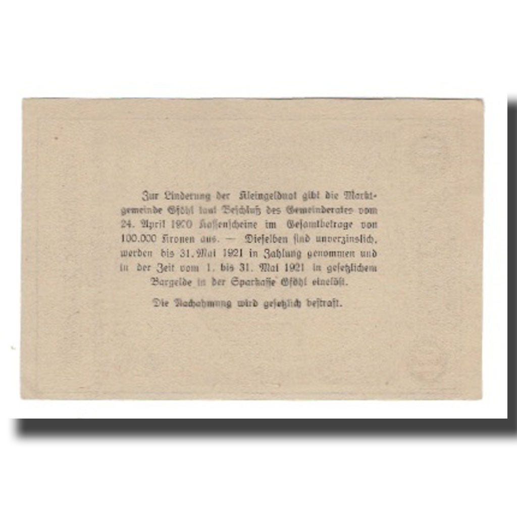 Banconote, Austria, Gföhl N.Ö. Marktgemeinde, 10 Heller, Texte, 1921