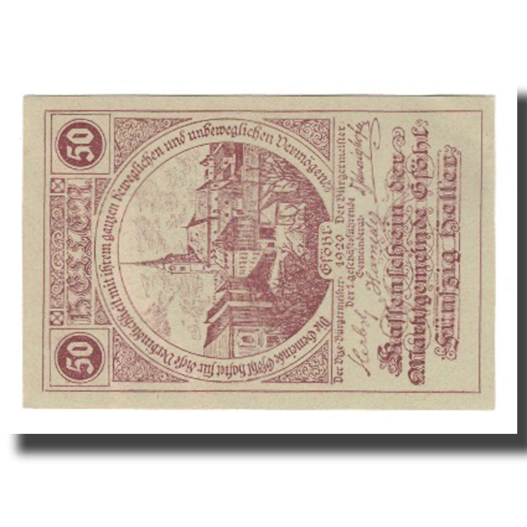 Banconote, Austria, Gföhl N.Ö. Marktgemeinde, 50 Heller, Texte 2, 1921
