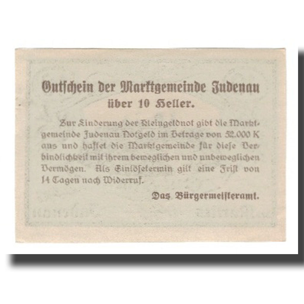 Geldschein, Österreich, Judenau N.Ö. Marktgemeinde, 10 Heller, Texte, VZ