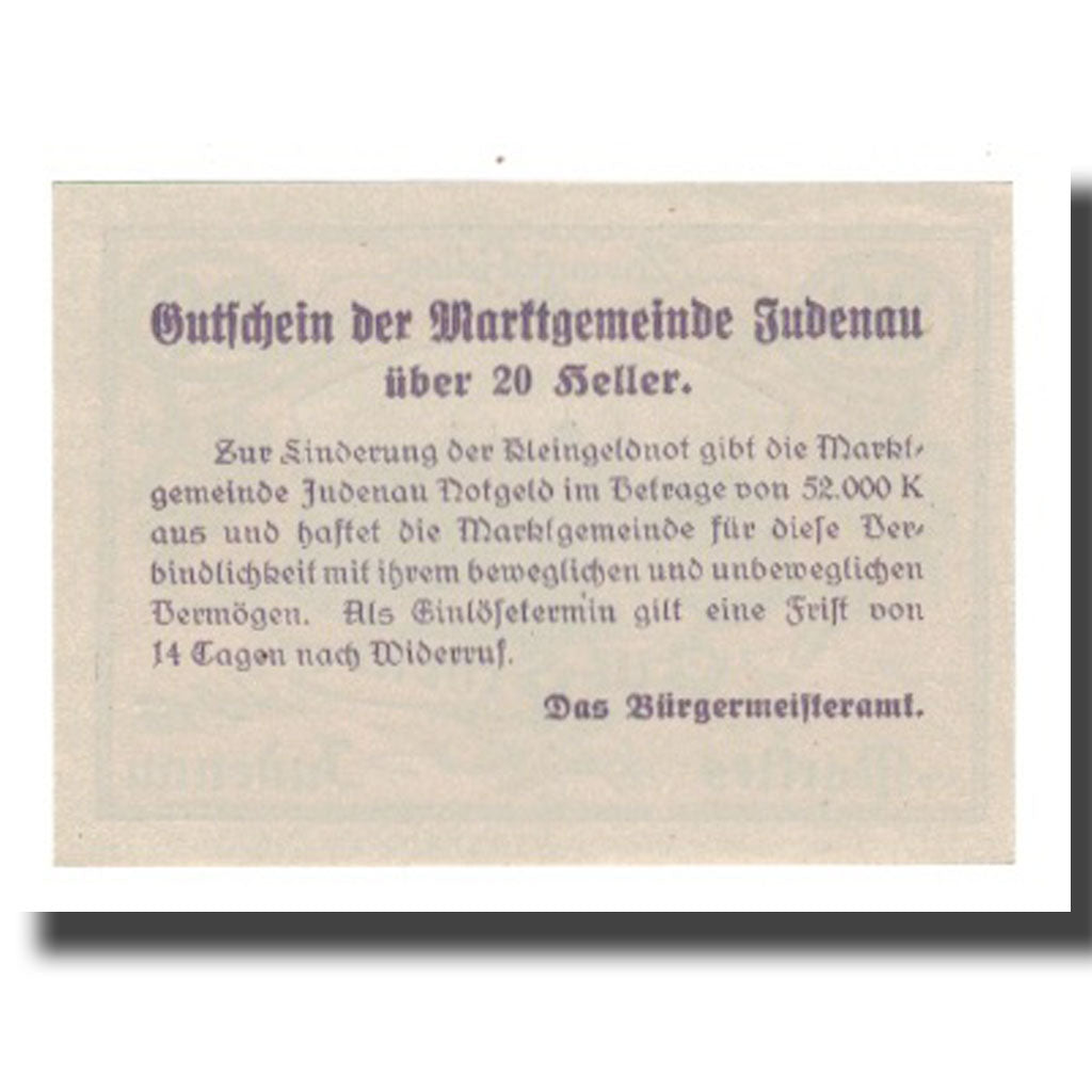 Banconote, Austria, Judenau N.Ö. Marktgemeinde, 20 Heller, texte 1, SPL-