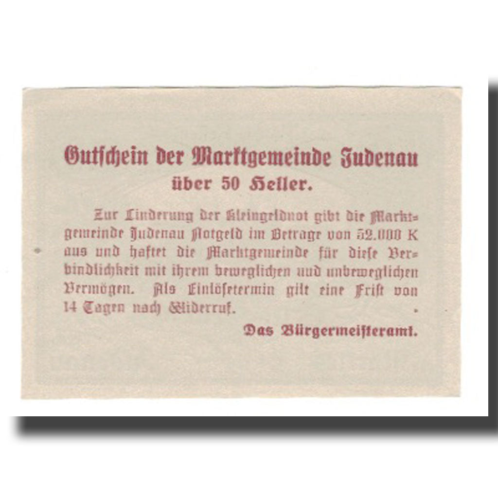 Banconote, Austria, Judenau N.Ö. Marktgemeinde, 50 Heller, Texte 2, SPL-