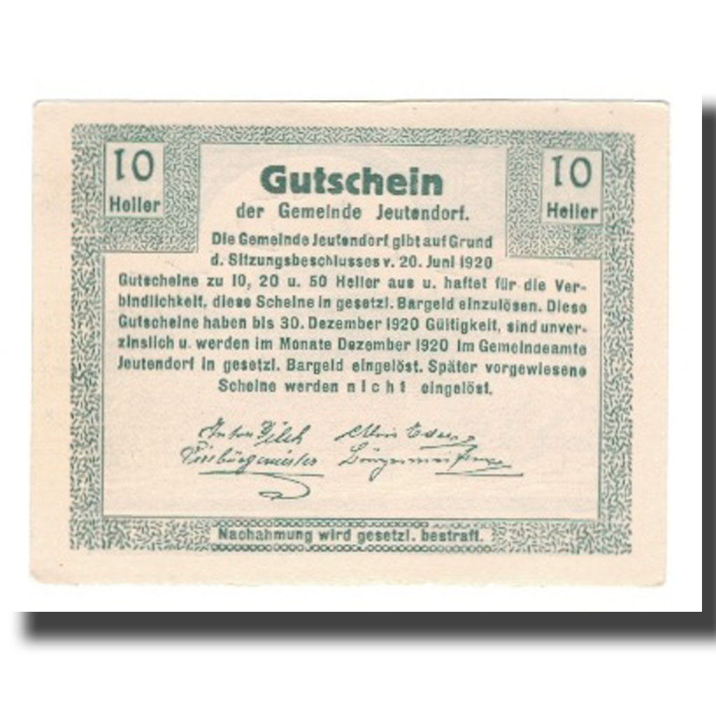 Geldschein, Österreich, Jeutendorf N.Ö. Gemeinde, 10 Heller, Texte, 1920
