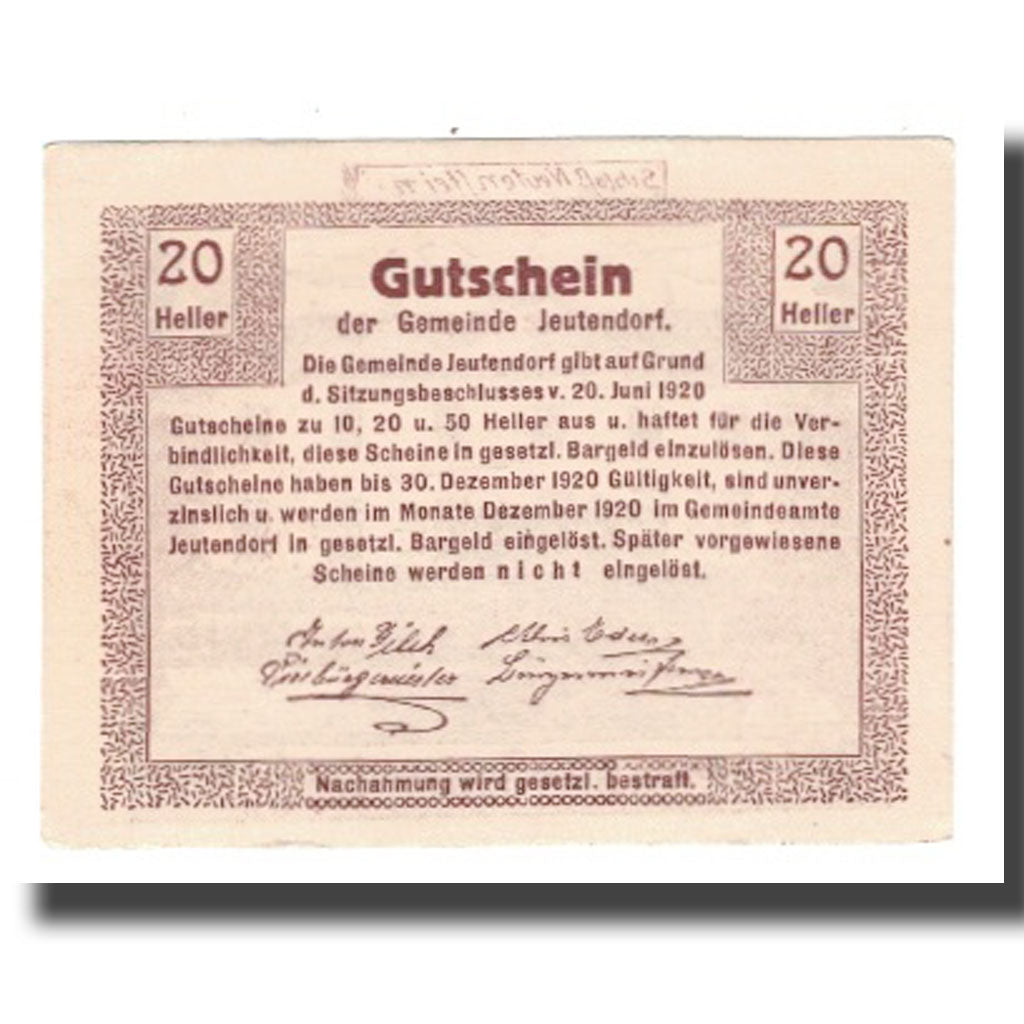 Banknot, Austria, Jeutendorf N.Ö. Gemeinde, 20 Heller, texte 1, 1920