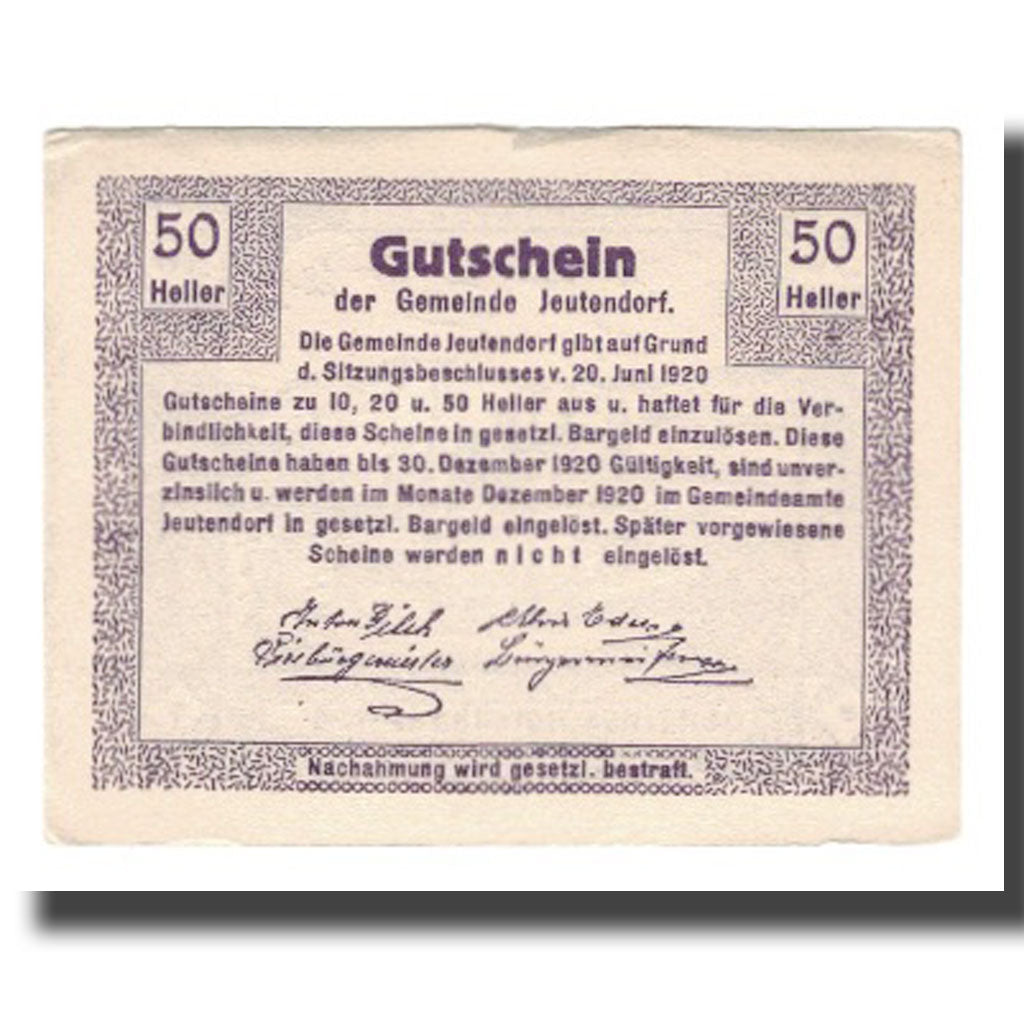 Geldschein, Österreich, Jeutendorf N.Ö. Gemeinde, 50 Heller, Texte 2, 1920