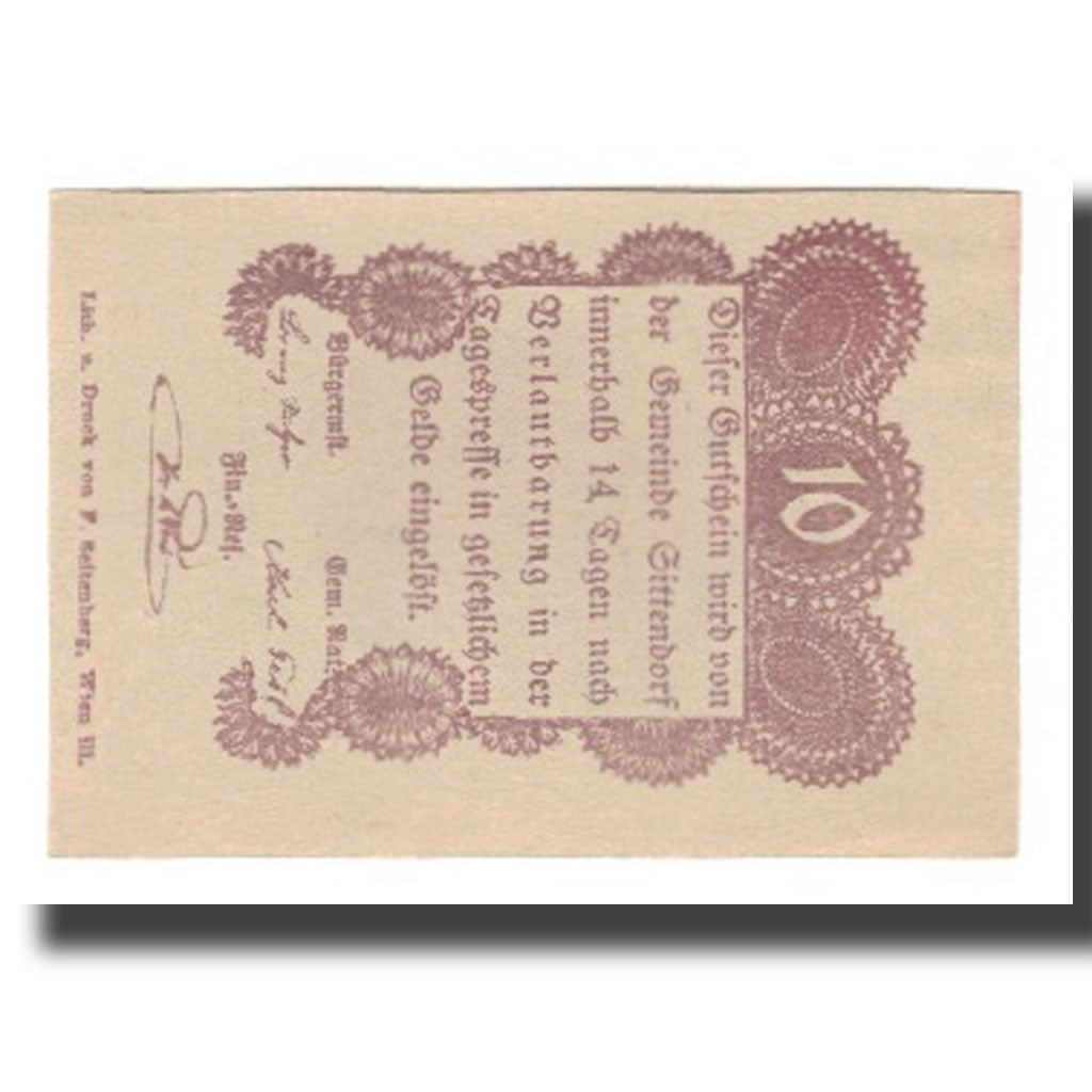 Geldschein, Österreich, Sittendorf N.Ö. Gemeinde, 10 Heller, Texte, VZ