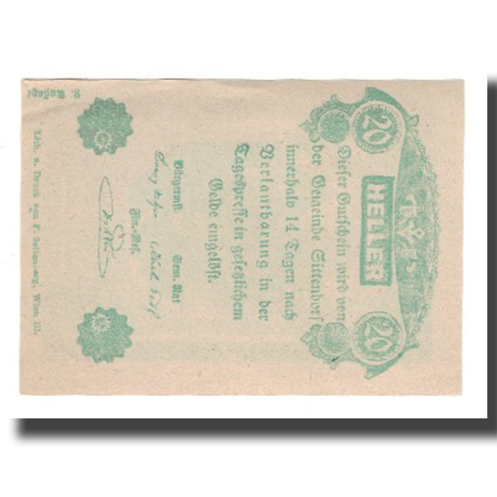 Geldschein, Österreich, Sittendorf N.Ö. Gemeinde, 20 Heller, Texte 2, VZ