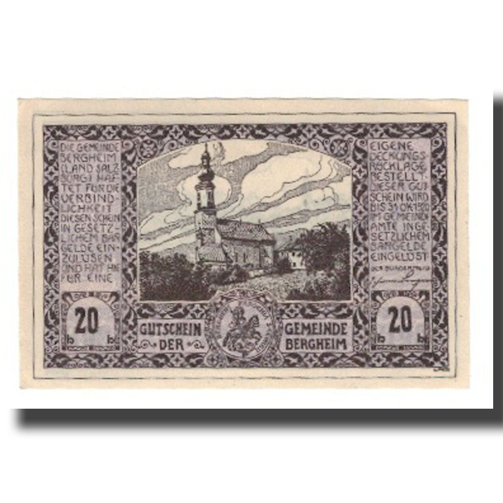 Geldschein, Österreich, Bergheim Sbg. Gemeinde, 20 Heller, paysage 3, 1920