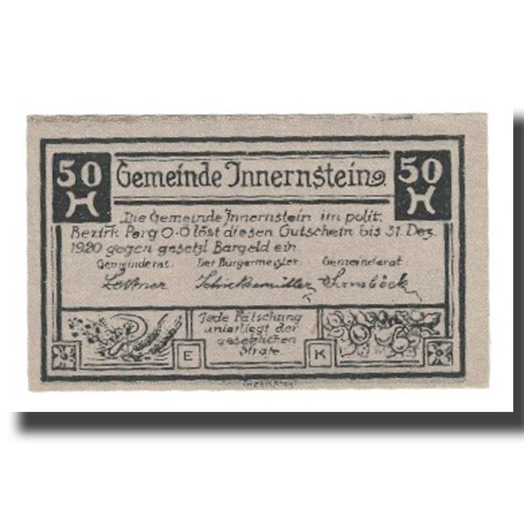 Banknot, Austria, Innernstein O.Ö. Gemeinde, 50 Heller, village, 1920