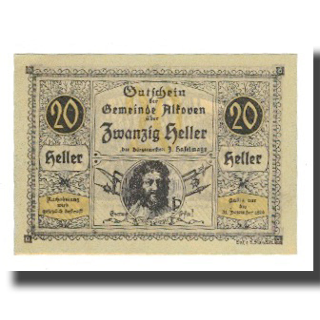 Banknot, Austria, Alkoven O.Ö. Gemeinde, 20 Heller, personnage 3, 1920