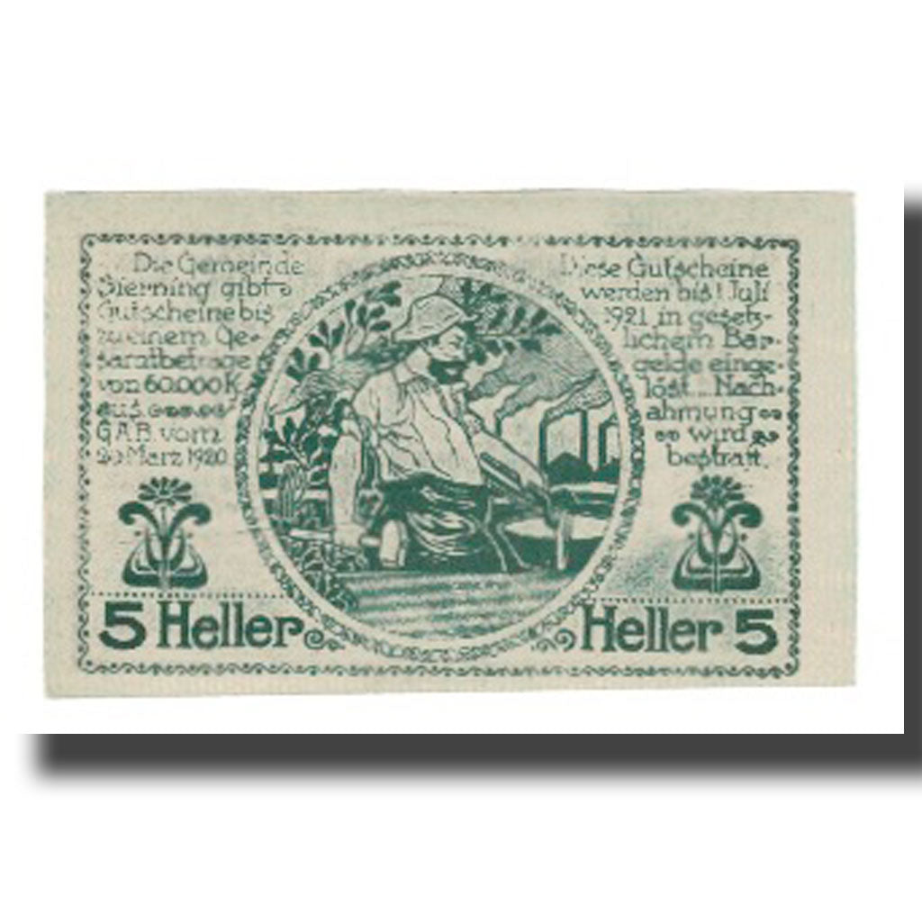 Banknot, Austria, Sierning O.Ö. Gemeinde, 5 Heller, personnage, 1921