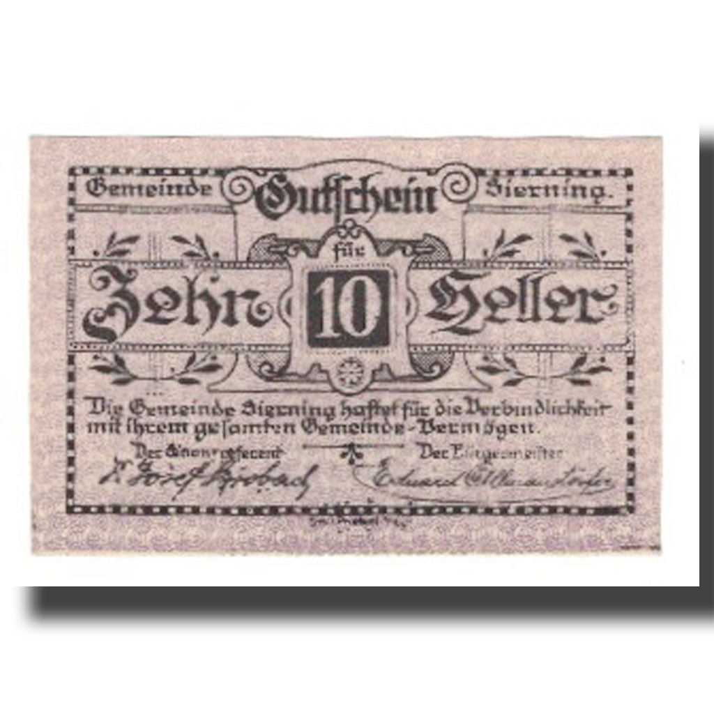 Geldschein, Österreich, Sierning O.Ö. Gemeinde, 10 Heller, personnage 1, 1921