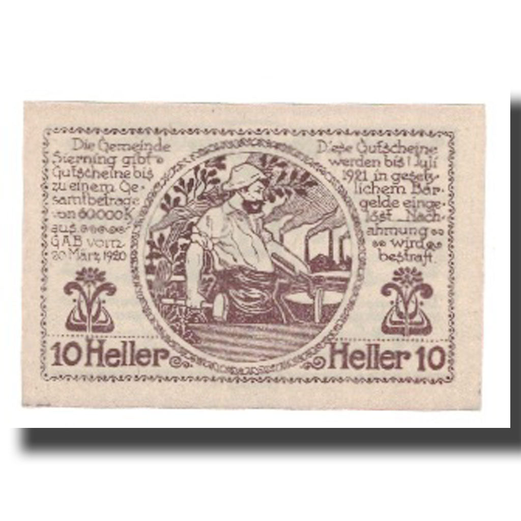 Geldschein, Österreich, Sierning O.Ö. Gemeinde, 10 Heller, personnage 1, 1921