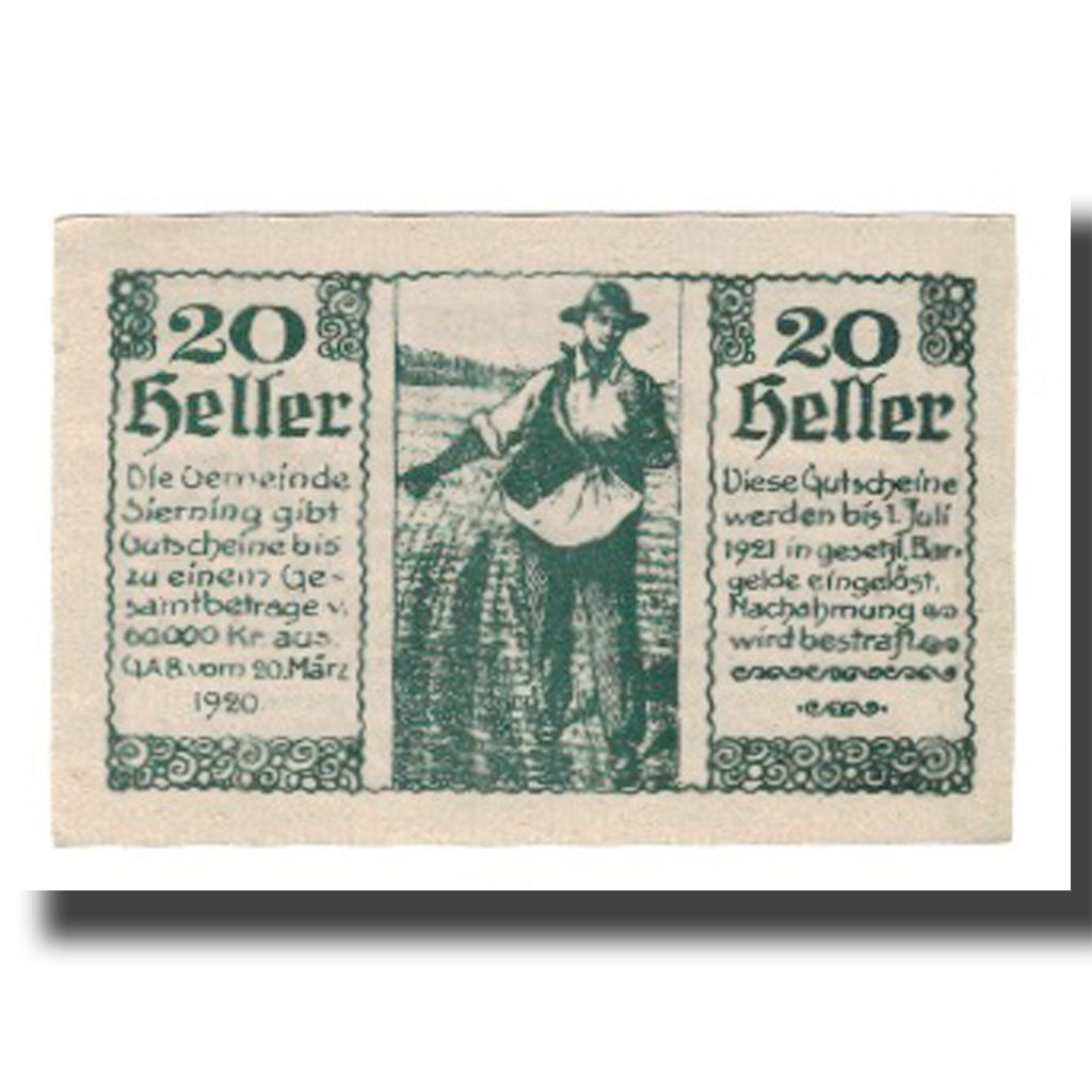 Geldschein, Österreich, Sierning O.Ö. Gemeinde, 20 Heller, personnage 2, 1921