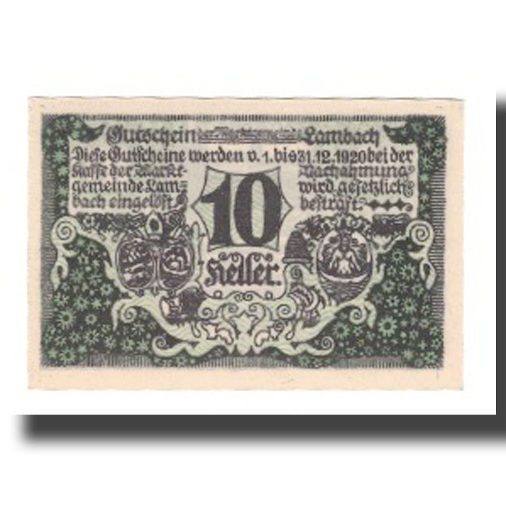 Geldschein, Österreich, Lambach O.Ö. Marktgemeinde, 10 Heller, Texte, 1920