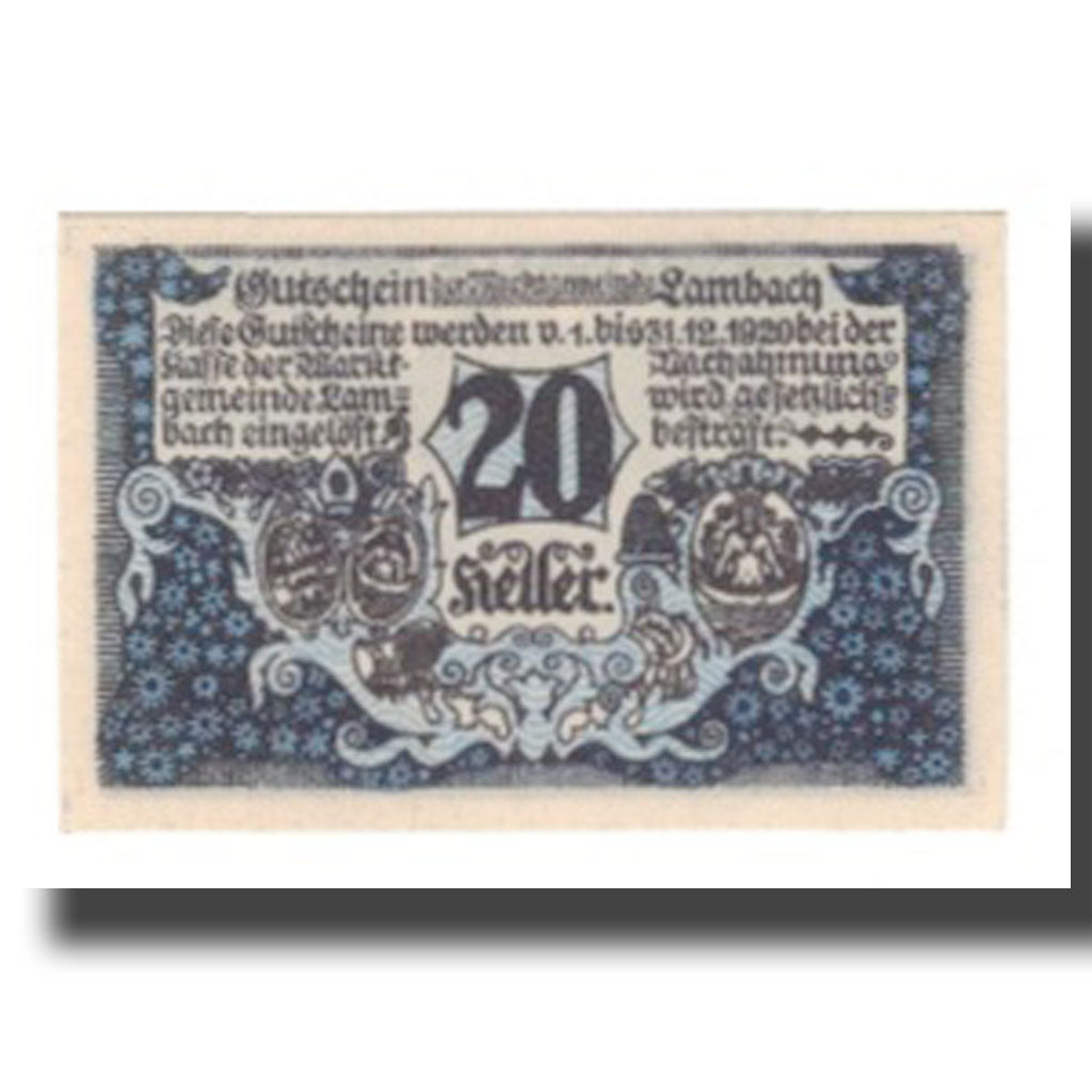 Banconote, Austria, Lambach O.Ö. Marktgemeinde, 20 Heller, texte 1, 1920