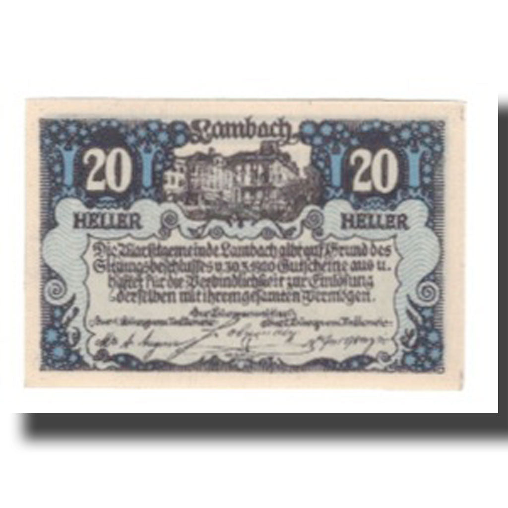 Banconote, Austria, Lambach O.Ö. Marktgemeinde, 20 Heller, texte 1, 1920