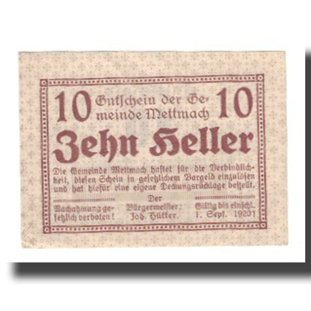 Geldschein, Österreich, Mettmach O.Ö. Gemeinde, 10 Heller, valeur faciale