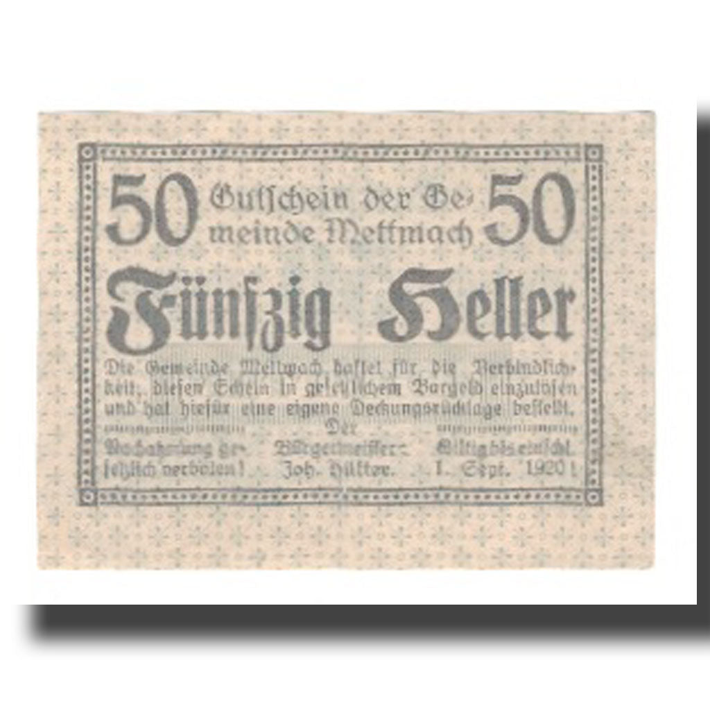 Geldschein, Österreich, Mettmach O.Ö. Gemeinde, 50 Heller, valeur faciale 2