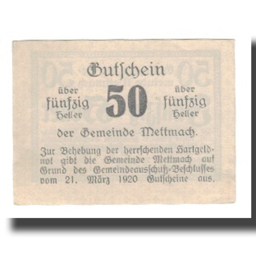 Geldschein, Österreich, Mettmach O.Ö. Gemeinde, 50 Heller, valeur faciale 2