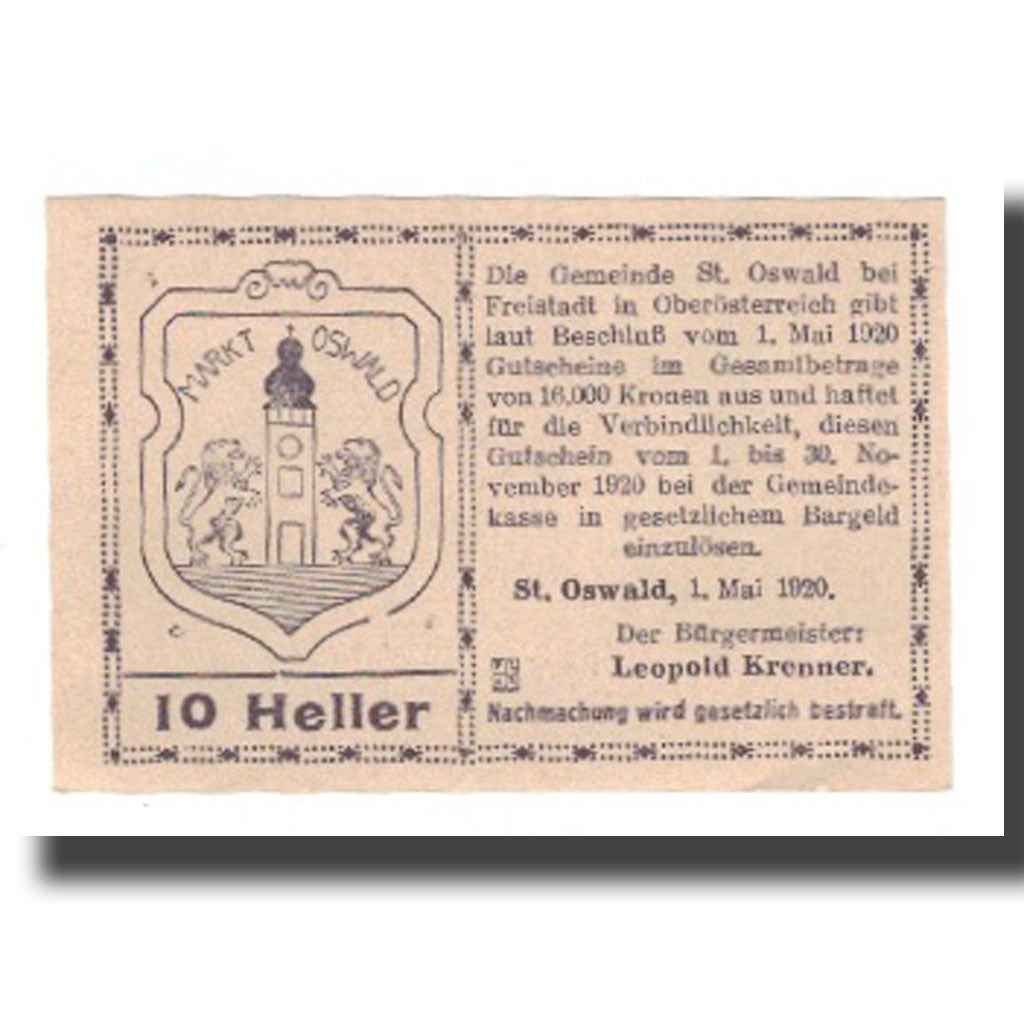 Geldschein, Österreich, St. Oswald bei Freistadt O.Ö. Gemeinde, 10 Heller
