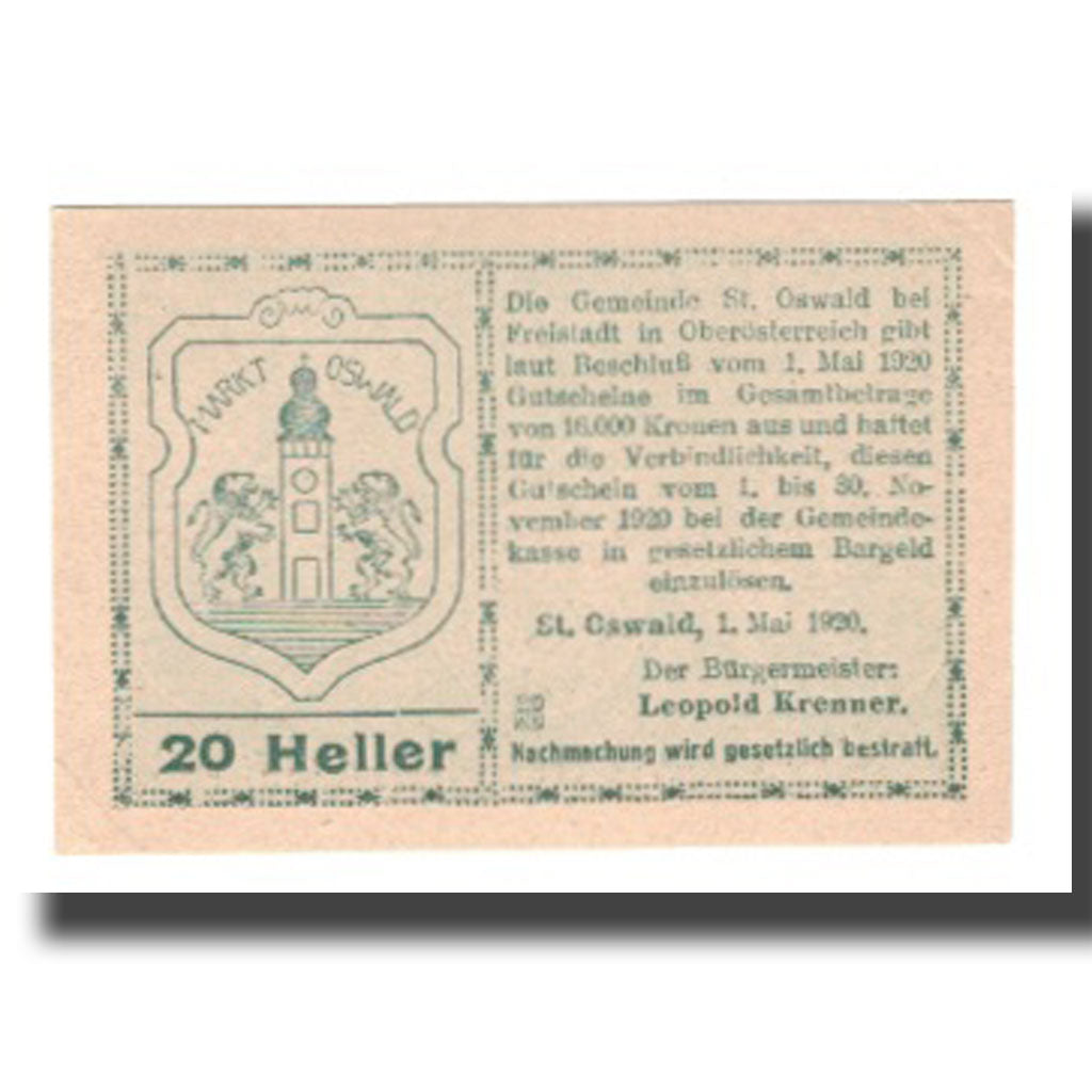 Geldschein, Österreich, St. Oswald bei Freistadt O.Ö. Gemeinde, 20 Heller