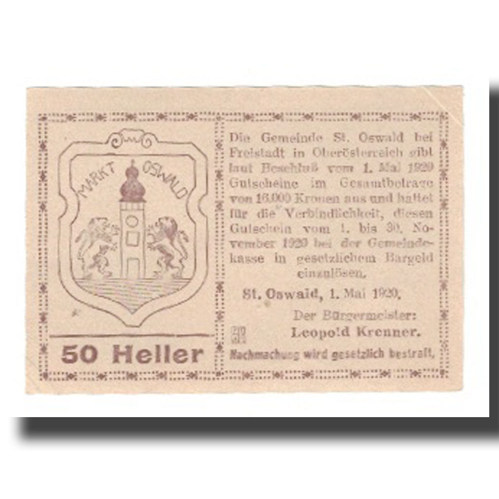 Geldschein, Österreich, St. Oswald bei Freistadt O.Ö. Gemeinde, 50 Heller