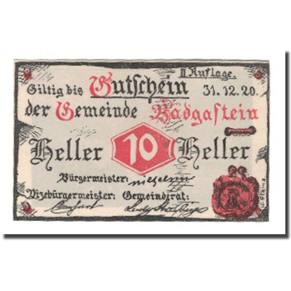 Geldschein, Österreich, Bad Gastein Sbg. Gemeinde, 10 Heller, paysage, 1920