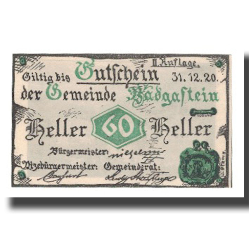 Geldschein, Österreich, Bad Gastein Sbg. Gemeinde, 60 Heller, paysage 2, 1920