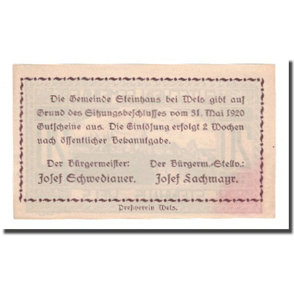 Banknot, Austria, Steinhaus Bei Wels O.Ö. Gemeinde, 20 Heller, texte 1, 1920