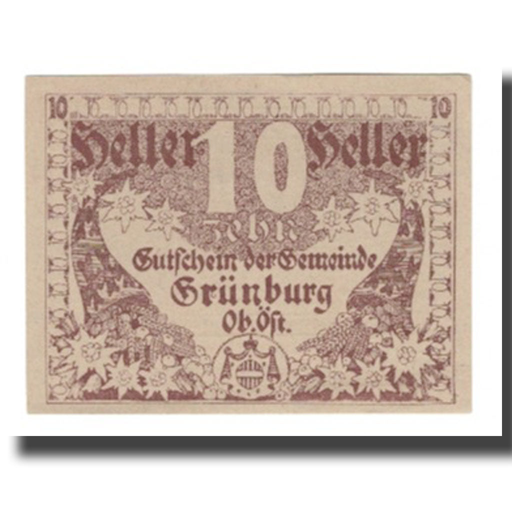 Geldschein, Österreich, Grünburg O.Ö. Gemeinde, 10 Heller, Texte, 1920