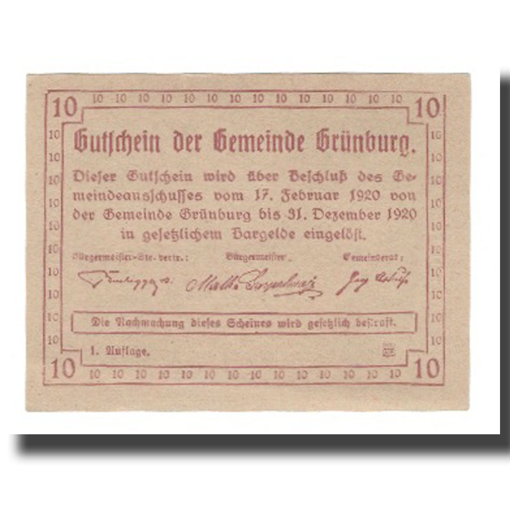 Geldschein, Österreich, Grünburg O.Ö. Gemeinde, 10 Heller, Texte, 1920