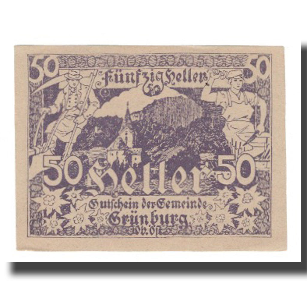 Geldschein, Österreich, Grünburg O.Ö. Gemeinde, 50 Heller, texte 1, 1920