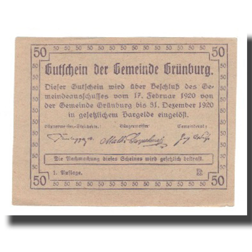 Geldschein, Österreich, Grünburg O.Ö. Gemeinde, 50 Heller, texte 1, 1920