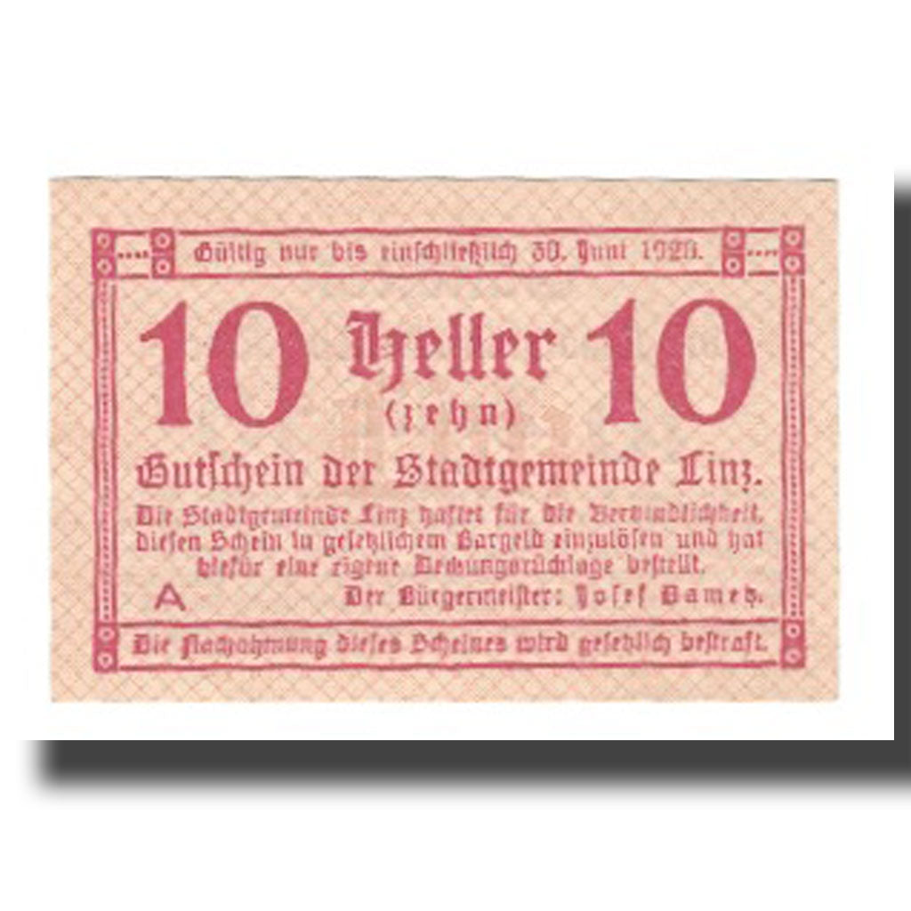 Geldschein, Österreich, Linz O.Ö. Stadtgemeinde, 10 Heller, Texte, 1920