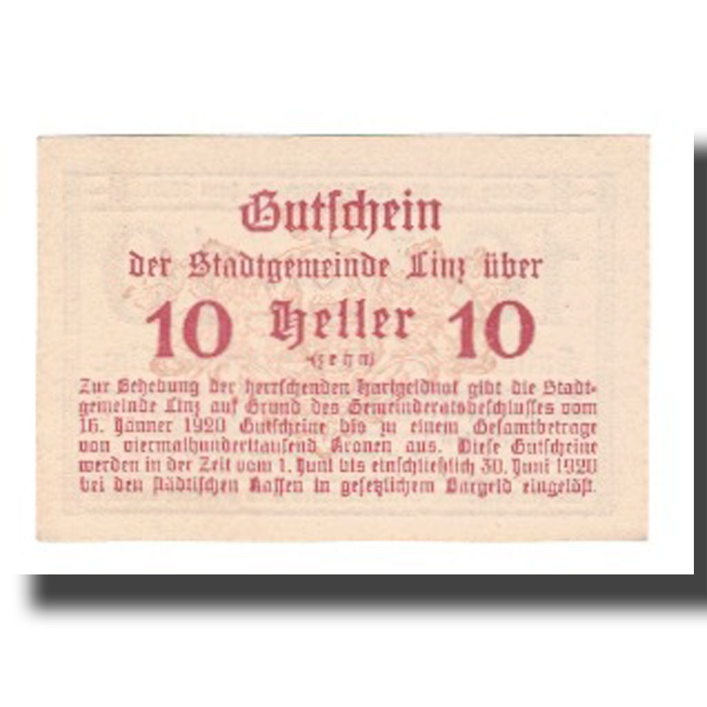 Geldschein, Österreich, Linz O.Ö. Stadtgemeinde, 10 Heller, Texte, 1920
